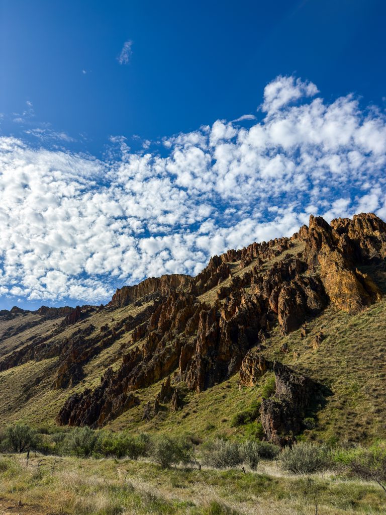 Rock formations and green hillsides at Leslie Gulch, Oregon in spring